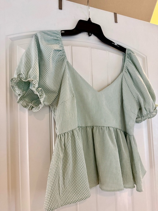 Altar'd State Tops - Altar’d state Green Gingham Puff Sleeve Babydoll Top